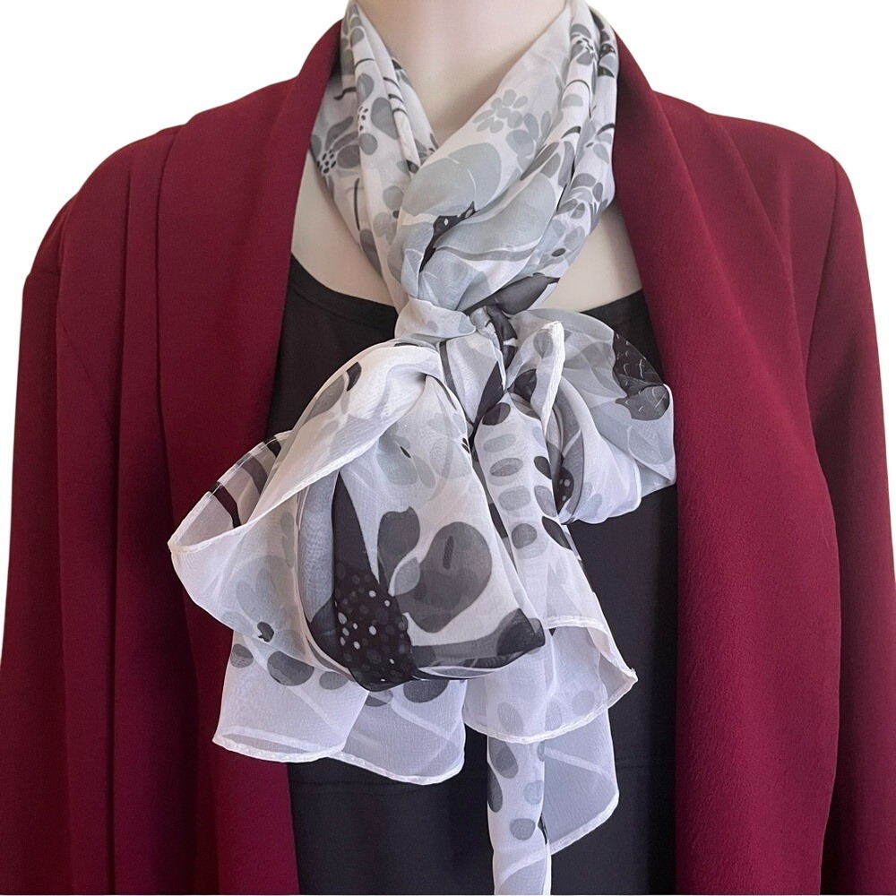 Womens Sheer Chiffon Scarf Floral Print Black White Gray Rectangle Fashion Wrap